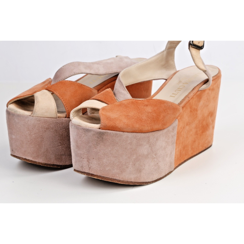 Claudia Ciuti Italian Suede Platform Wedge Sandals Tan Orange Colorblock Size 7M